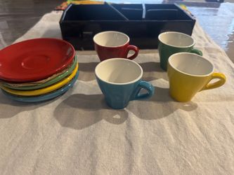 Set of 4 colorful  small mugs and 4 plates. #colorful #set 5 Oz for espresso coffee