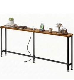 Console Table, Narrow Behind Couch Table with Outlet | Sofa Tables with 2 Hooks, for Entryway, Living Room, Easy Assembly, Rustic Brown and Ink Black,