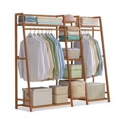 MoNiBloom Bamboo 5-Tier Garment Rack with 2 Hanging Rods Free Standing Heavy Duty Clothing Rack βοΈπ