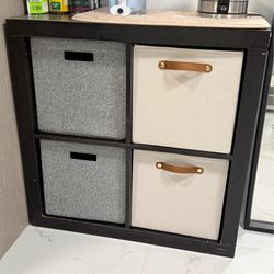 4-Cube Storage Organizer Shelf with 4 Fabric Bins – Black, Bedroom/Living Room