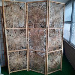 Vintage 1970s Boho Rattan Sunburst Room Divider – 3 Panel