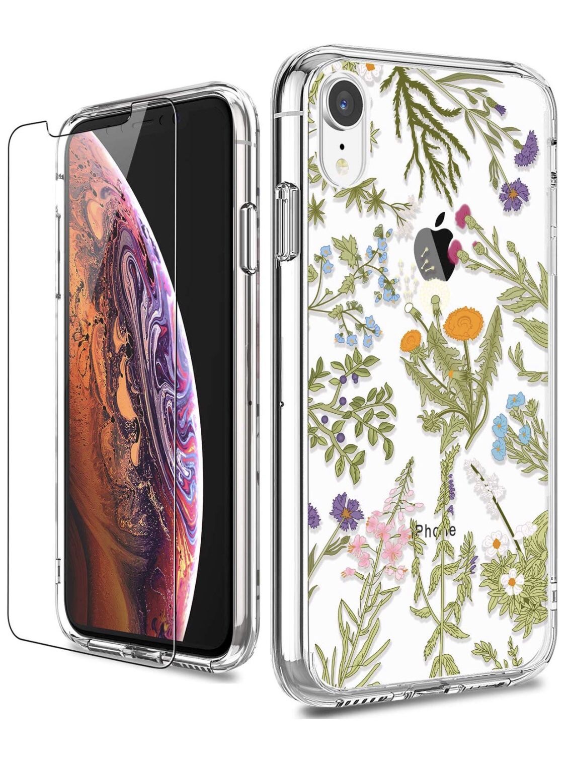iPhone XR Cases, LUHOURI iPhone XR Phone Case with Glass Screen Protector, Girls and Women Clear Floral Slim Protective Hard PC Back Ultra-Thin Shock