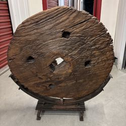 Old 100 Years Hand Carved Wheel On Iron Stand