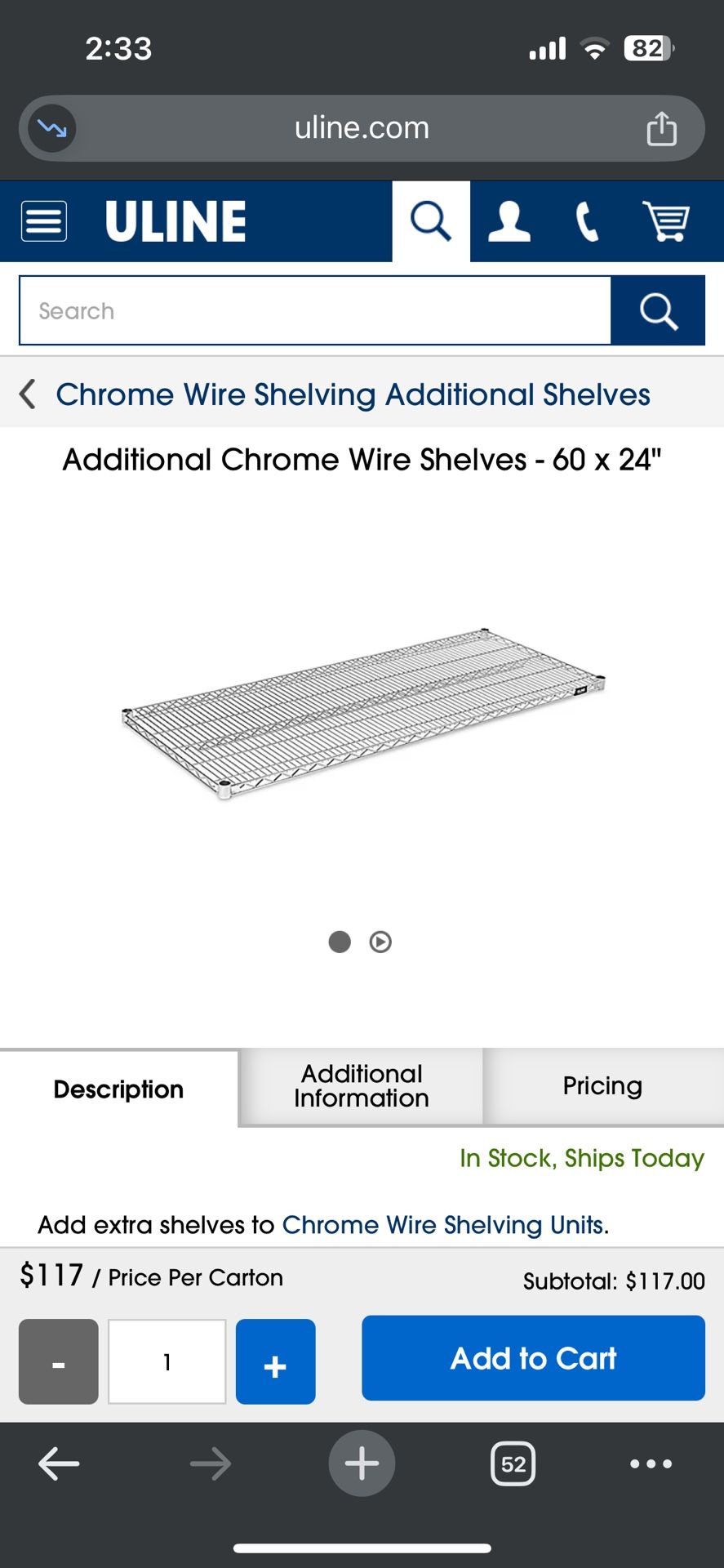 ULINE 60 X 24” chrome shelving