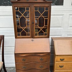 Antique 1940’s circa solid wood tall display curio cabinet secretary desk, 3-drawer dresser w/key  claw feet .