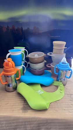 Baby silicone bibs, snack cups, suction bowls, sippy cups and stainless steel bottles