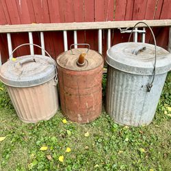 Vintage Galvanized Trash Cans & Vintage Gas Can
