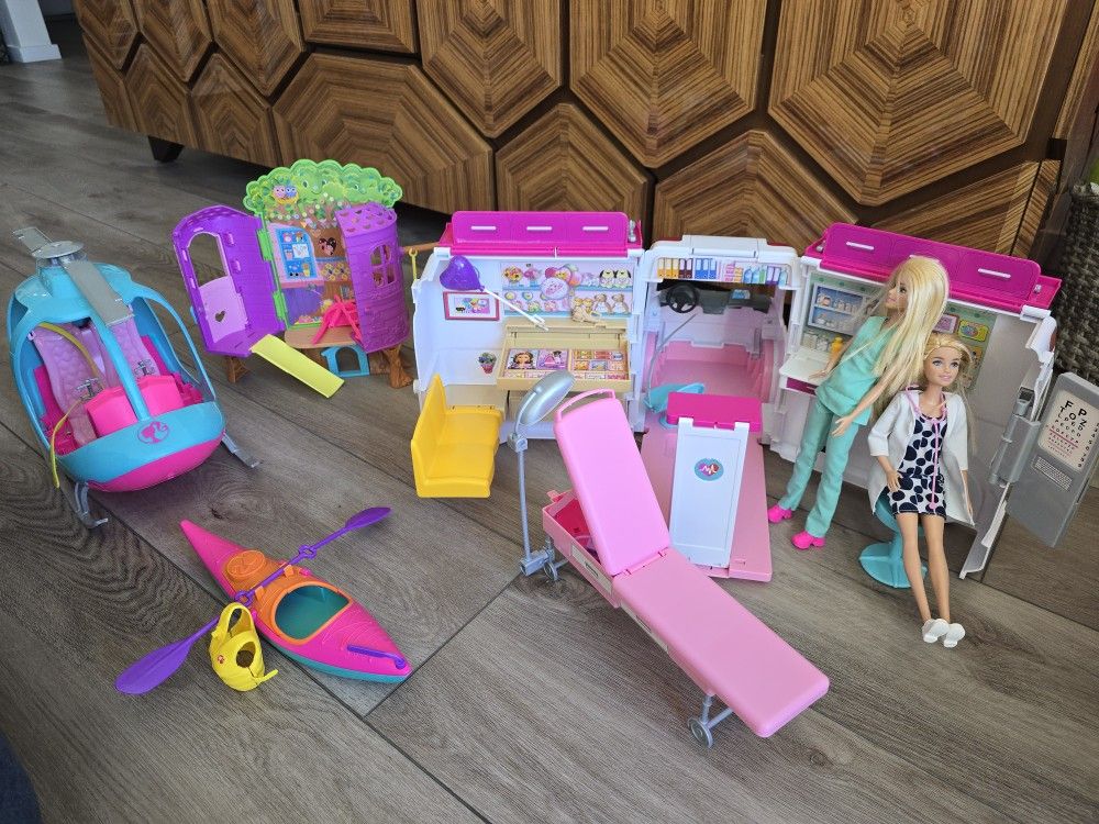 Barbie Dolls Playset Ambulance Helicopter Tree House Kayak