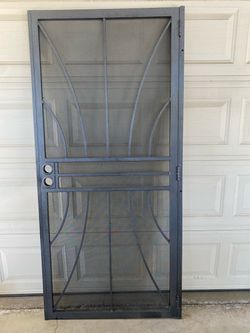 36 in x 80 in Sun style grey surface mount  out swing steel security door with expanded metal screen comes with all the hardware