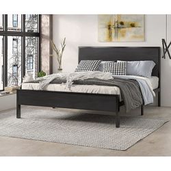 Sha Cerlin Full Bed Frame with Wood Headboard – Black Metal Frame (Open Box)