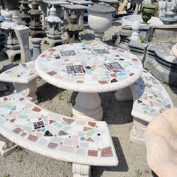 Concrete Mosaic Picnic Table with 3 Benches/ Outdoor Patio Furniture