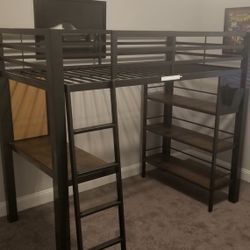 Twin Size Metal Bunk Bed w/ Shelves & Desk
