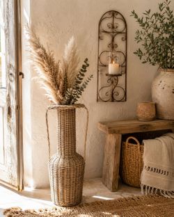 Original Wicker Natural Mid Century Woven Floor Basket Handles Large Vase Farmhouse Boho Bohemian Table Decor Urban
