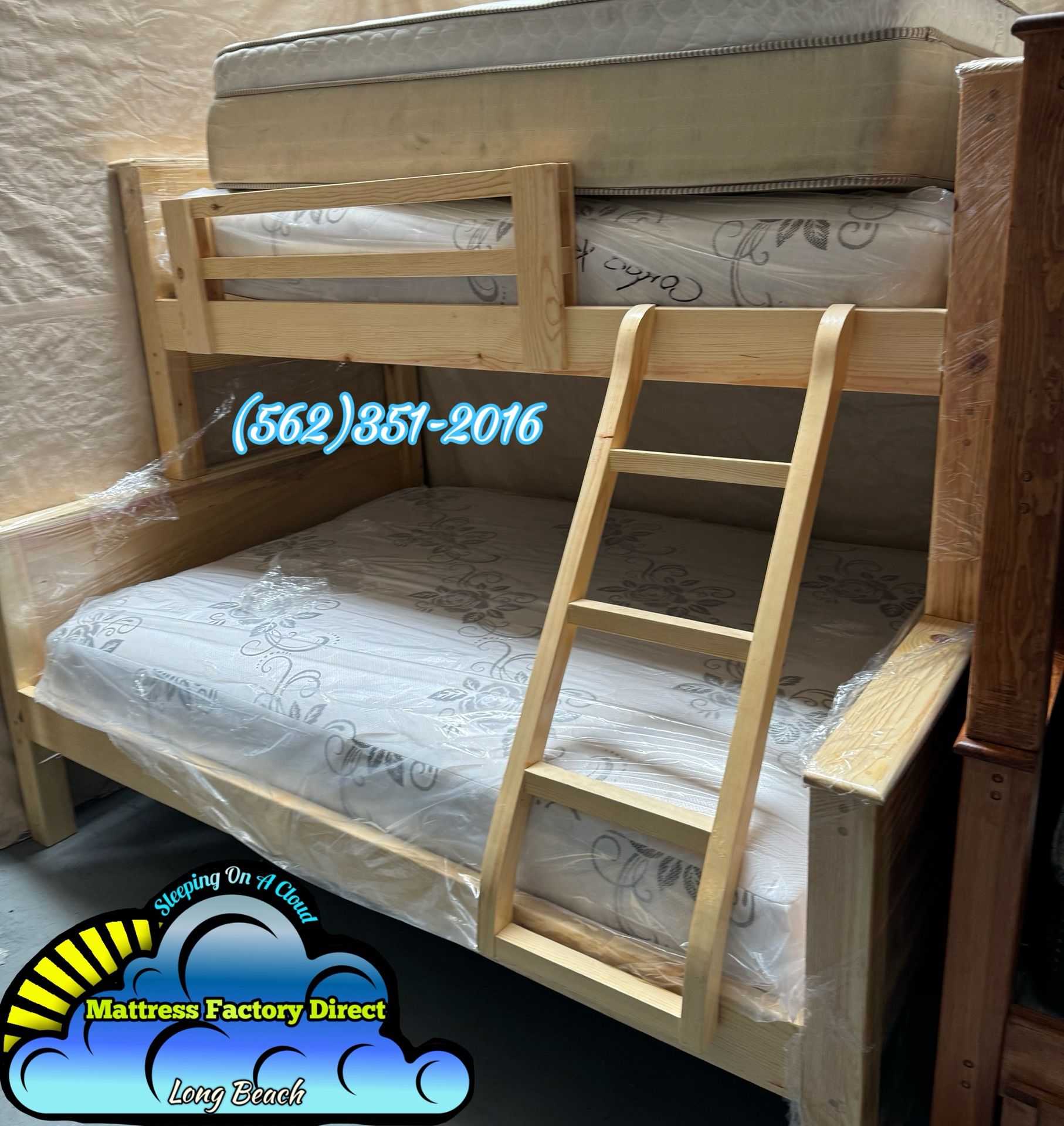 Twin Full Natural Bunk Bed Bone Litera Cama Con Colchones