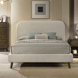 Mid Century Modern Rustic Oak Upholstered Bed Frame Queen King Rounded Headboard Wood Legs Cama