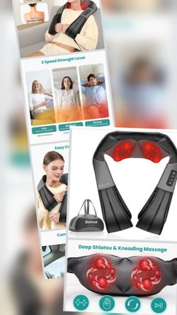 Nekteck Shiatsu Neck and Back Massager featuring deep tissue 3D kneading nodes and a built-in soothing heat function.The device includes adjustable sp