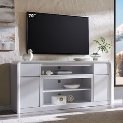 DecorUHome 70 in TV Stand Modern White Wood Media Console with Drawers and Doors Open Storage Shelves(Up to 80-in TVs)
