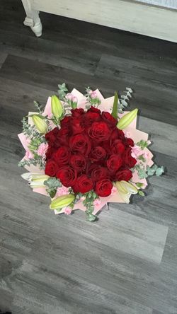 Large Red Rose and Lily Flower Bouquet