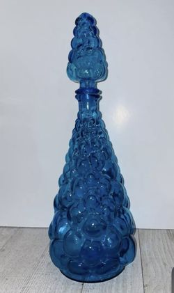 VTG MCM Empoli Blue Decanter Blue Bubble Glass Italy Genie Bottle 15 1/2”