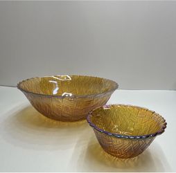 Amber Iridescent Glass Bowls Set of 2 Basket Weave Scalloped Rim-Vintage