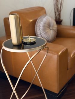 Styled Vegan Leather Cognac Armchair + Gold Accent Table + West Elm/Gold Decor