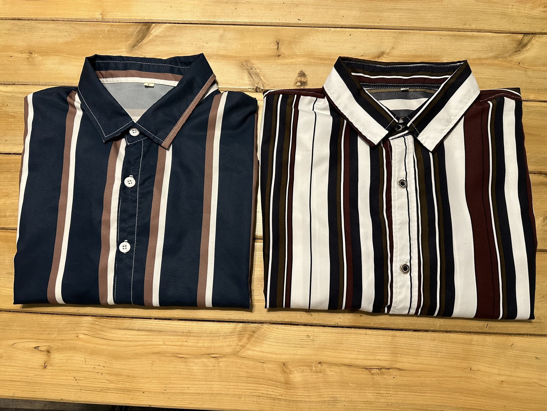 * 2x Mens Button Up Polyester Striped Shirts Size Large and Medium which feels like a Large