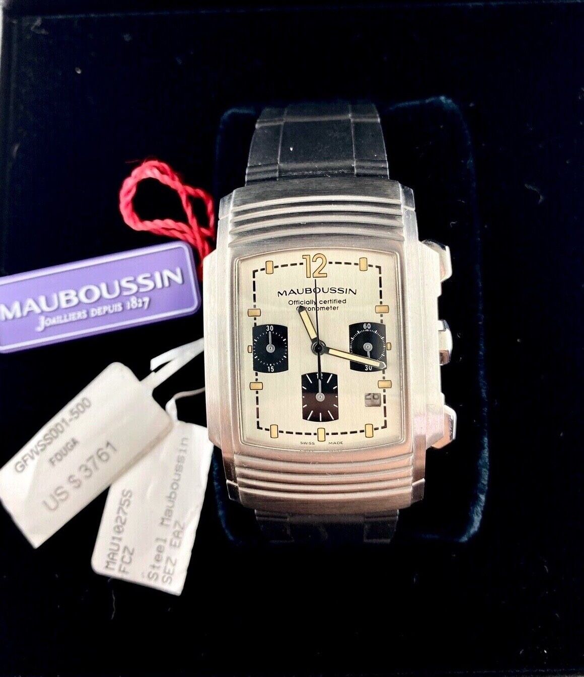 Mauboussin Fouga Automatic Chronograph Steel Rubber Band Beige Dial Men's watch We have Louis Vuitton Gucci Versace MCM Chanel Cartier Rolex Breitling