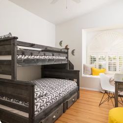 Dark Wood Twin over Full Bunk Bed with Drawers