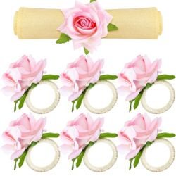 12 Pcs Pink Flower Napkin Rings Handcraft Floral Napkin Holder Table Decor for Summer Wedding Picnics Banquet Birthday Party
