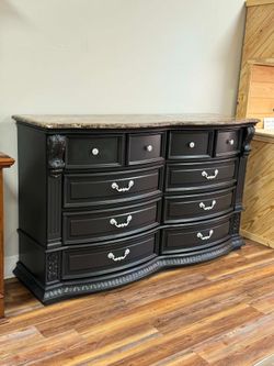Marble top black dresser, large