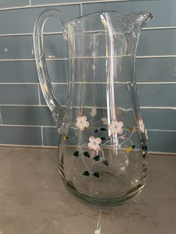 Pretty Glass Pitcher With Flower Accents