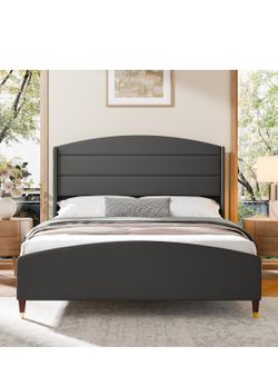 Queen Upholstered  Bed Frame Dark Grey Velvet w/ Modern Headboard