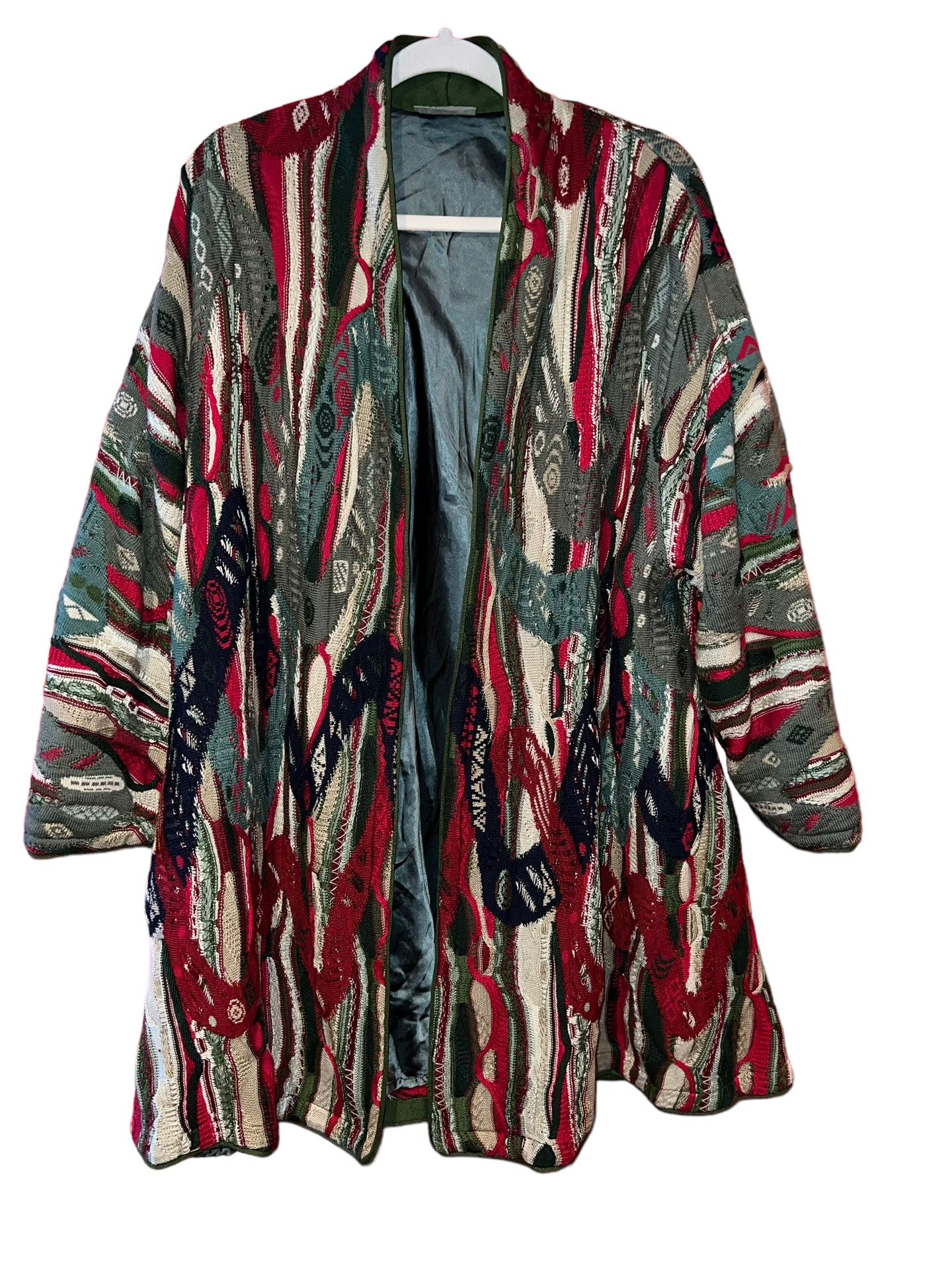 Rare vintage coogi sweater coat long olive cream red silk lining rare robe