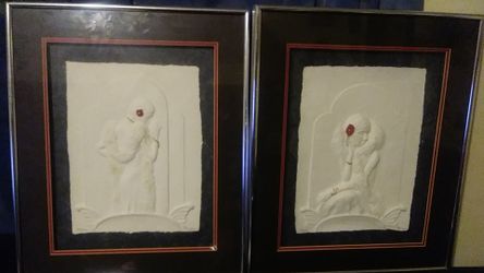 Framed Pair of Signed Limited Edition Plaster Bas-Relief Art
