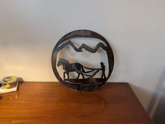 Vintage Rustic Metal Horse & Farmer Wall Art – 15"