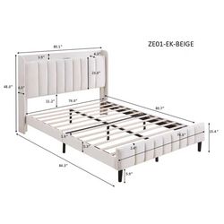 Full Boucle Upholstered Bed Frame with Wingback Headboard, No Box Spring Needed, Easy Assembly, Platform Bed with Wooden Slats, Beige (King (U.S. Stan
