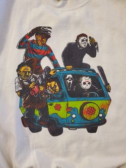 Men's Size L- Funny Horror Gildan White Crewneck Sweatshirt