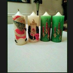 Set Of 4 Vintage Holiday Elegance Pillar Candles 
