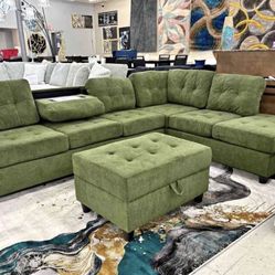 NEW IN BOX  Reversible Sectional + Ottoman -Green Fabric Sectional FINANCE available $54 down
