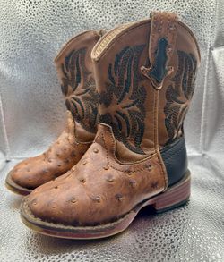 Roper Toddler Ostrich Print Western Cowboy Boots Brown Leather Size 5T