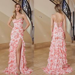 New With Tags Floral Print Beaded Bodice Long Formal Dress & Prom Dress $279