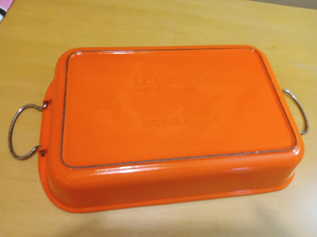 Vintage LeCreuset Cast Iron Baked Enamel Orange Roasting Pan With Swing Handles 10x15x2.5