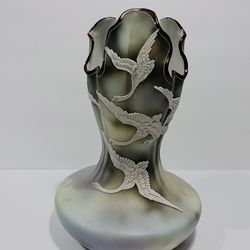 Antique Nippon Moriage Raised Porcelain Vase Flying Swans Extremely Rare 11”-8”.