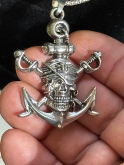Halloween Silver Pirate Skull Anchor Pendant Necklace