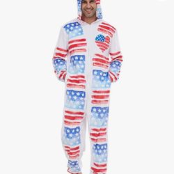 EraSpooky Adult American Flag Costume Men USA Patriotic Party Plush Onesie Pajamas Large