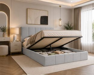 Full bed Velvet Lift Up Storage Bed Frame, Vertical Channel Tufted Headboard, Hydrualic Underneath Storage, Upholstered Platform Bed, Wooden Slats Sup