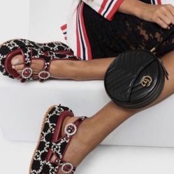 Authenticated NEW  🪽 Gucci GG Tweed 50 BN/ Azalea Printed Slingback black/red platform sandals 