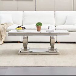 White Marble-Style Coffee Table with Chrome Base – New