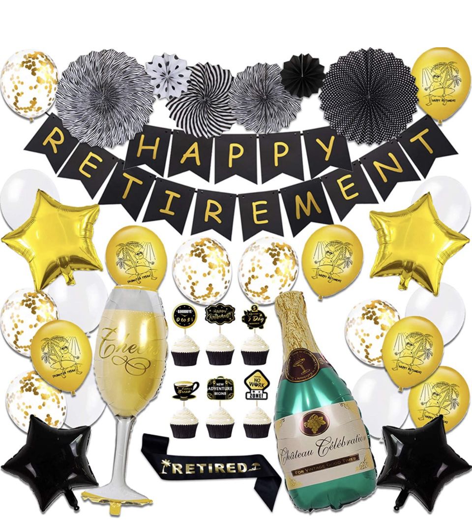 NEW! Retirement Party Decorations, Black and Gold Retirement Party Supplies with Happy Retirement Banner Latex Balloons Tissue Pom Poms Paper Fans Ret
