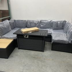 New, 8 Pieces Outdoor Patio Set With Fire Pit Table( Cushion Choice Blue/grey/beige
